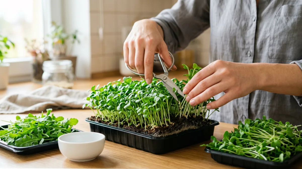 Microgreens being cut with scissors above roots, clean tray, fresh green leaves, careful harvesting technique, maintaining neat and healthy indoor setup.