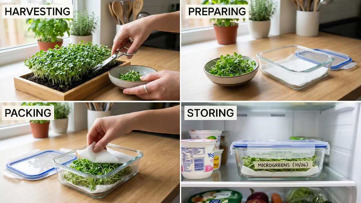 Microgreens harvested with scissors and stored in airtight container with paper towel, fresh green leaves kept in fridge for short storage.