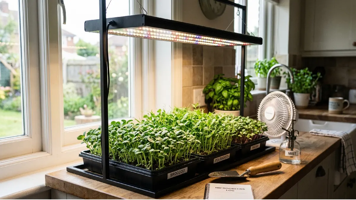 Microgreens growing indoors under sunlight and LED lights, vibrant green shoots, healthy leaves, proper distance, beginner-friendly kitchen setup. 