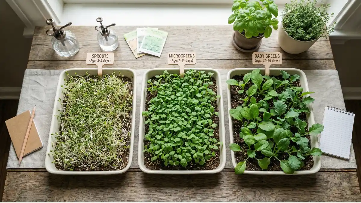 Microgreens, sprouts, and baby greens growing in separate trays, fresh green leaves, indoor gardening comparison showing different plant growth stages. 