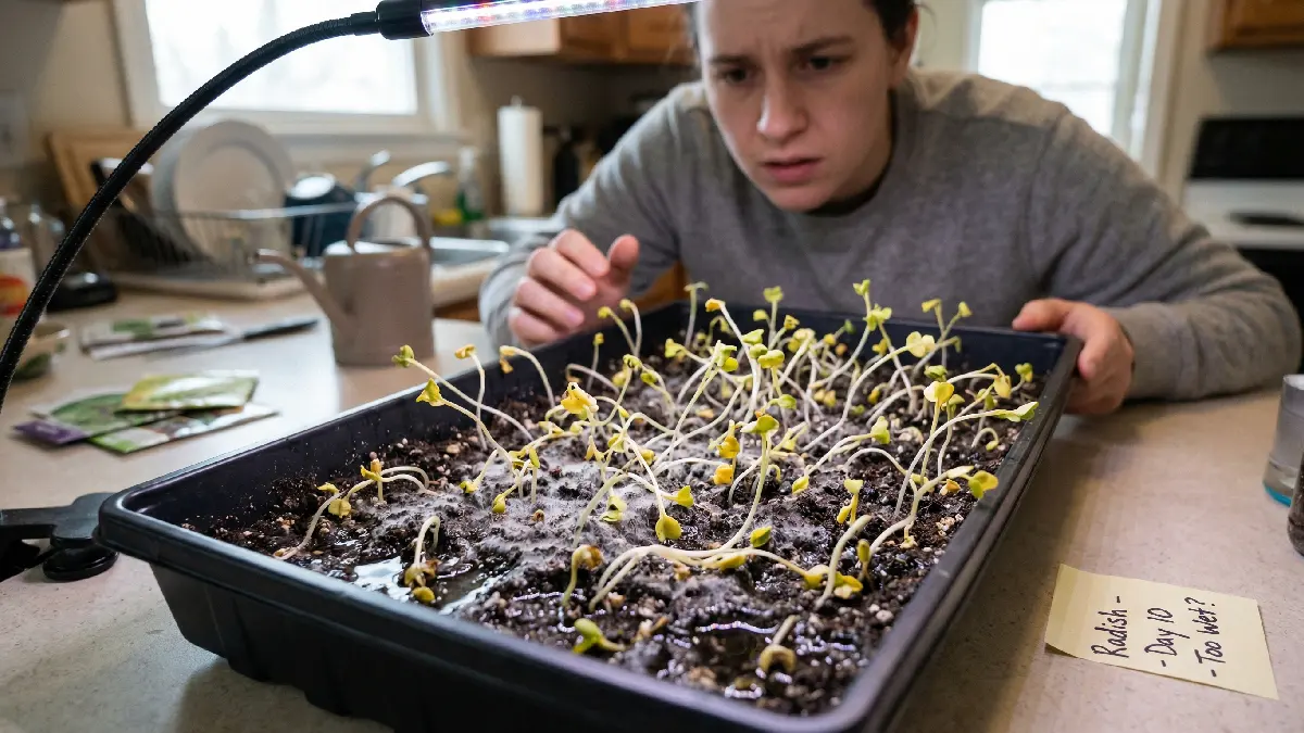 Overwatered microgreens with soggy soil, yellow leaves, weak stems, mold growth, water pooling, showing damage from excess watering indoors.