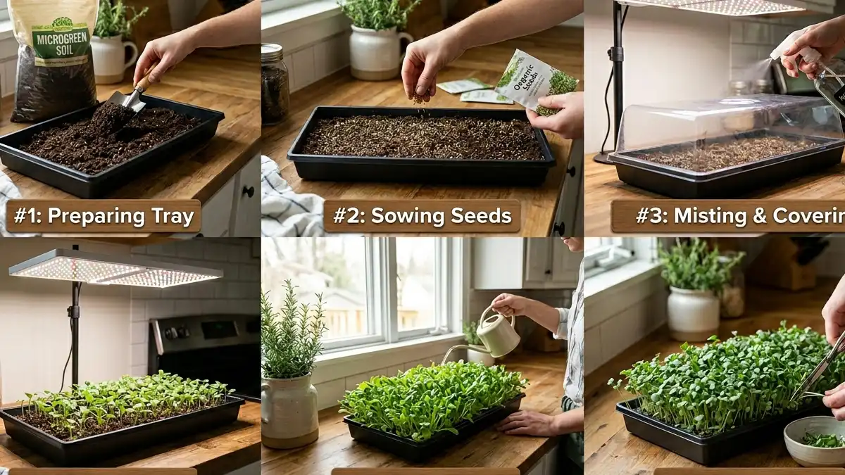 Six stages of growing microgreens indoors: tray preparation, seed sowing, germination cover, LED lighting, daily care, and harvesting fresh green shoots. 