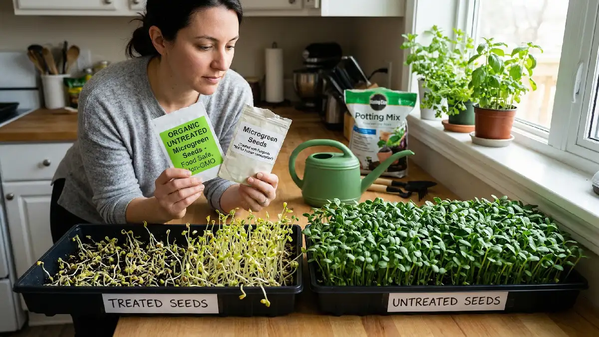 Treated seeds causing poor microgreens growth with pale weak shoots, compared to healthy green sprouts from untreated food safe seeds indoors.