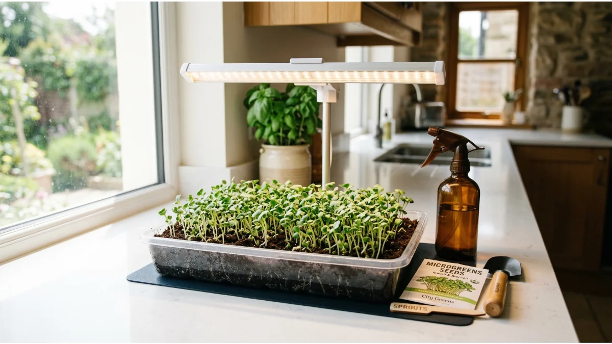 Shallow tray with soil and sprouting microgreens, spray bottle, sunlight and LED, clean kitchen setup, essential tools for indoor gardening. 