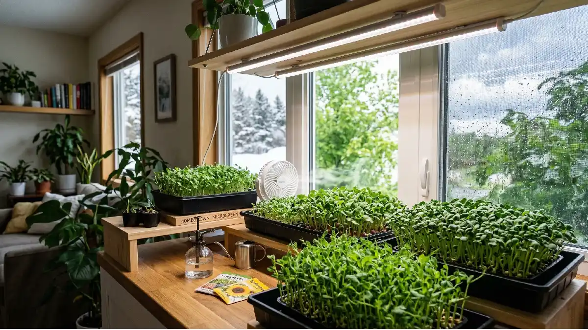 Microgreens growing indoors year-round on trays under sunlight and LED, green shoots, fan for airflow, healthy fresh leaves, beginner-friendly setup. 