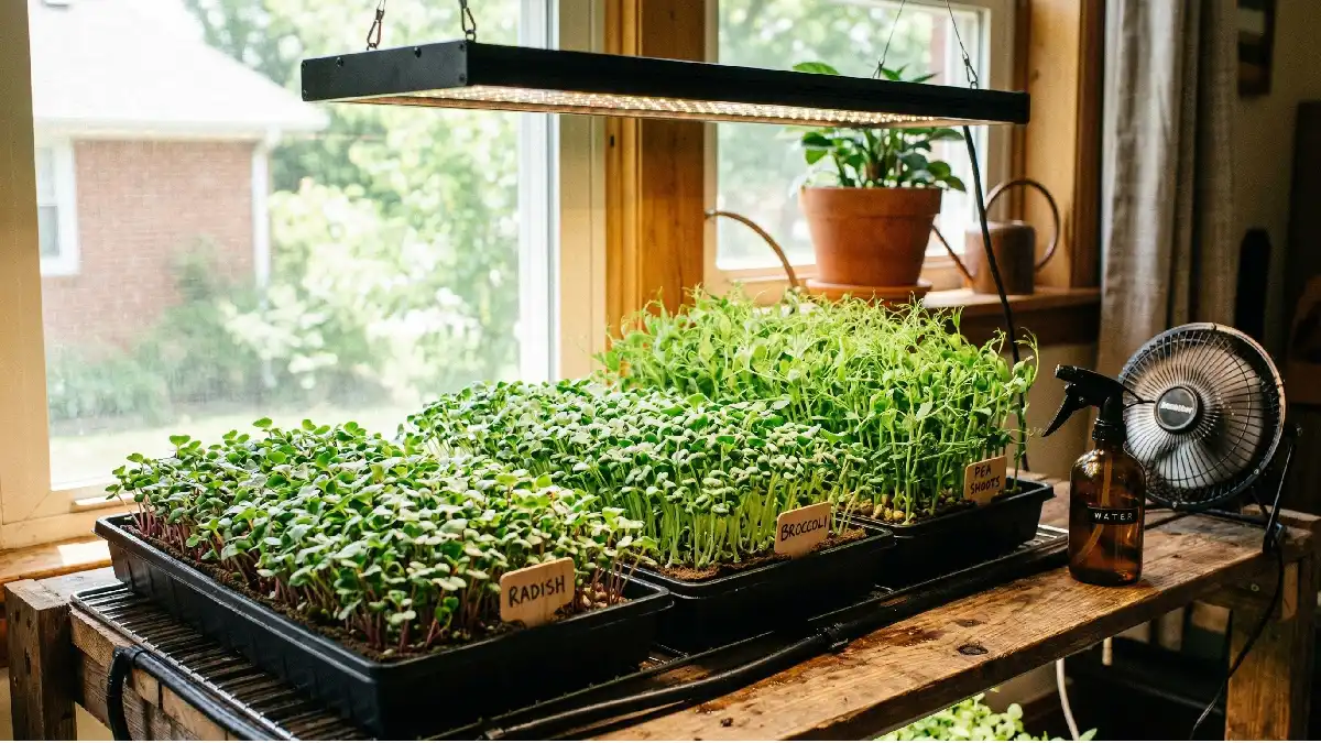 Indoor microgreens trays near a window and an LED grow light, green seedlings growing with proper watering and airflow in a home garden.