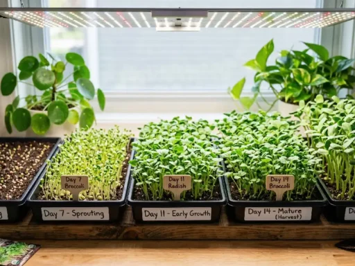 Indoor microgreens trays showing seeds germinating and growing into small green shoots under LED lights, illustrating how long do microgreens take to grow within a 7 to 21 day timeline.