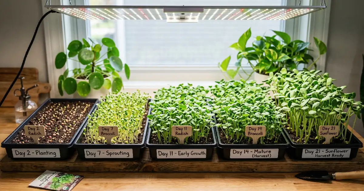 Indoor microgreens trays showing seeds germinating and growing into small green shoots under LED lights, illustrating how long do microgreens take to grow within a 7 to 21 day timeline.