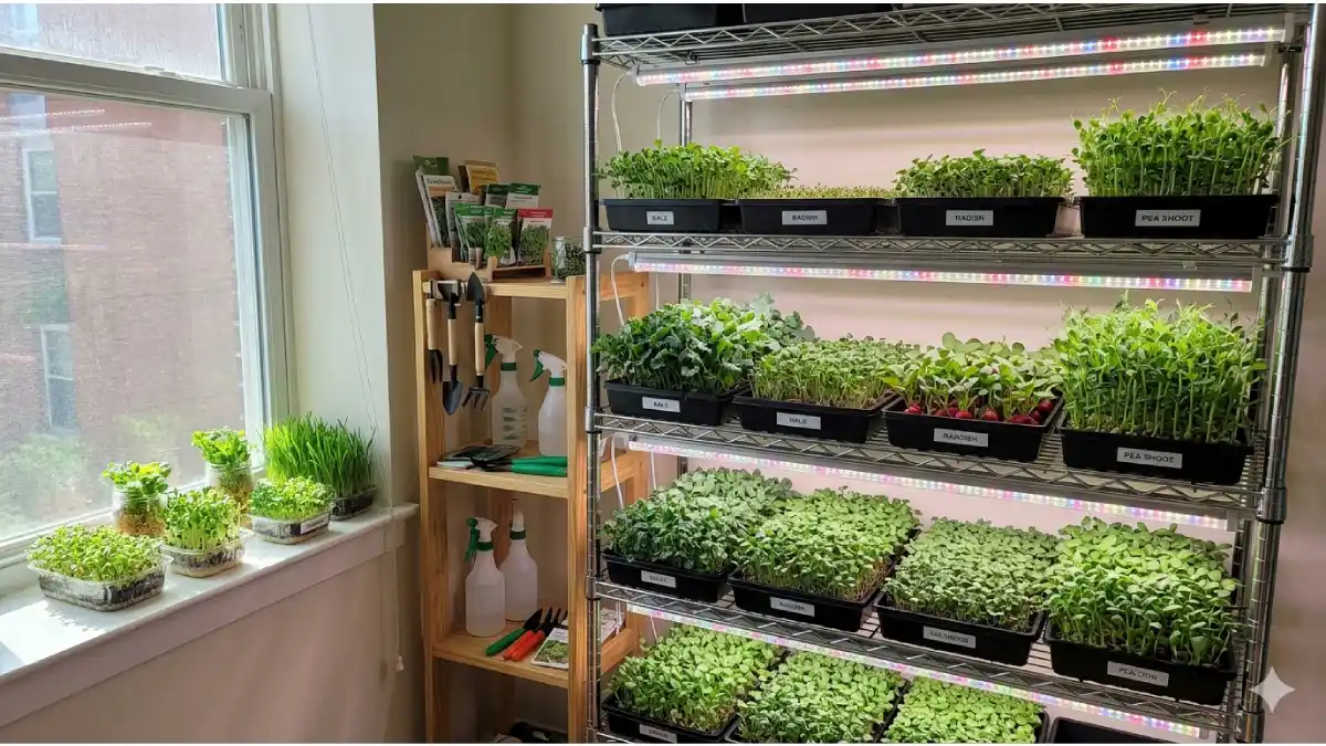 “Microgreens window shelf rack setup”