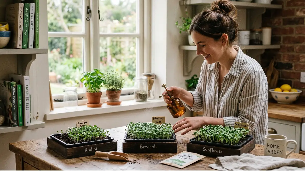 Fresh microgreens sprouting in shallow indoor trays near a bright window, tiny green seedlings growing in moist soil on the kitchen counter.