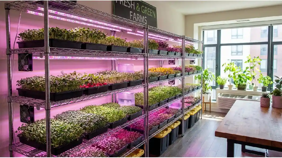 microgreens growing under indoor grow lights after germination