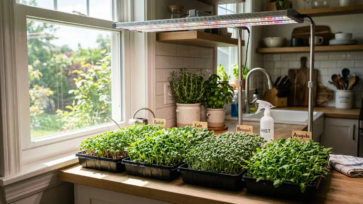 Microgreens growing under sunlight and LED lights, trays rotated for balanced growth, bright green leaves, proper lighting setup indoors.