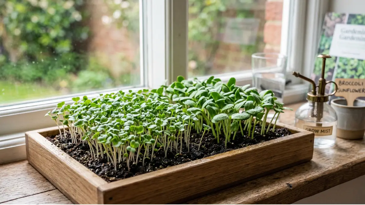 Broccoli and sunflower microgreens growing indoors in a tray, small green leaves stretching steadily under natural light, roots hidden in soil.