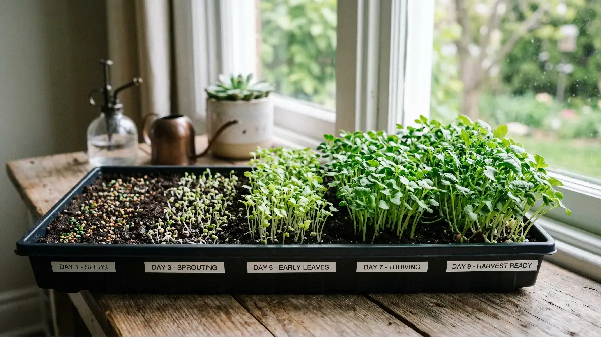 Microgreens growing in stages inside a tray, from tiny sprouts to small leafy greens under bright natural window light indoors.