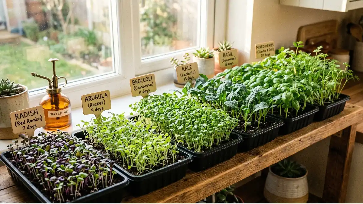 Indoor microgreens trays at different growth stages with vibrant leaves and tender stems, showing optimal harvest timing.