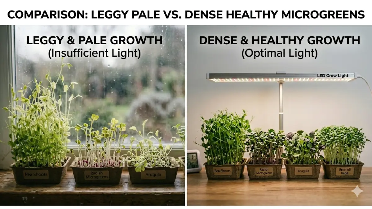 “Leggy vs healthy microgreens”