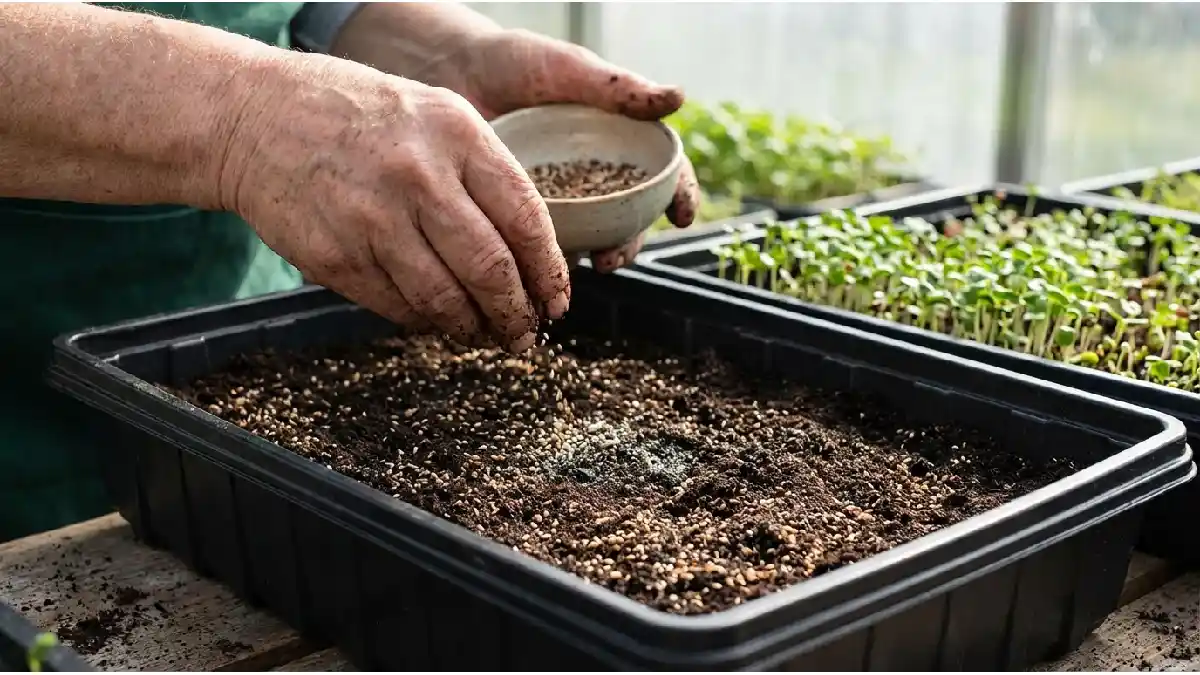 evenly spreading microgreens seeds in growing tray