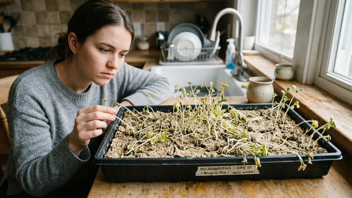 Underwatered microgreens with dry soil, curled leaves, pale color, weak stems, drooping shoots, showing signs of low moisture indoors.