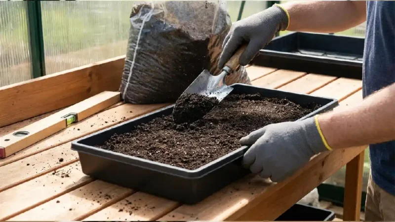 preparing microgreens growing tray with soil medium