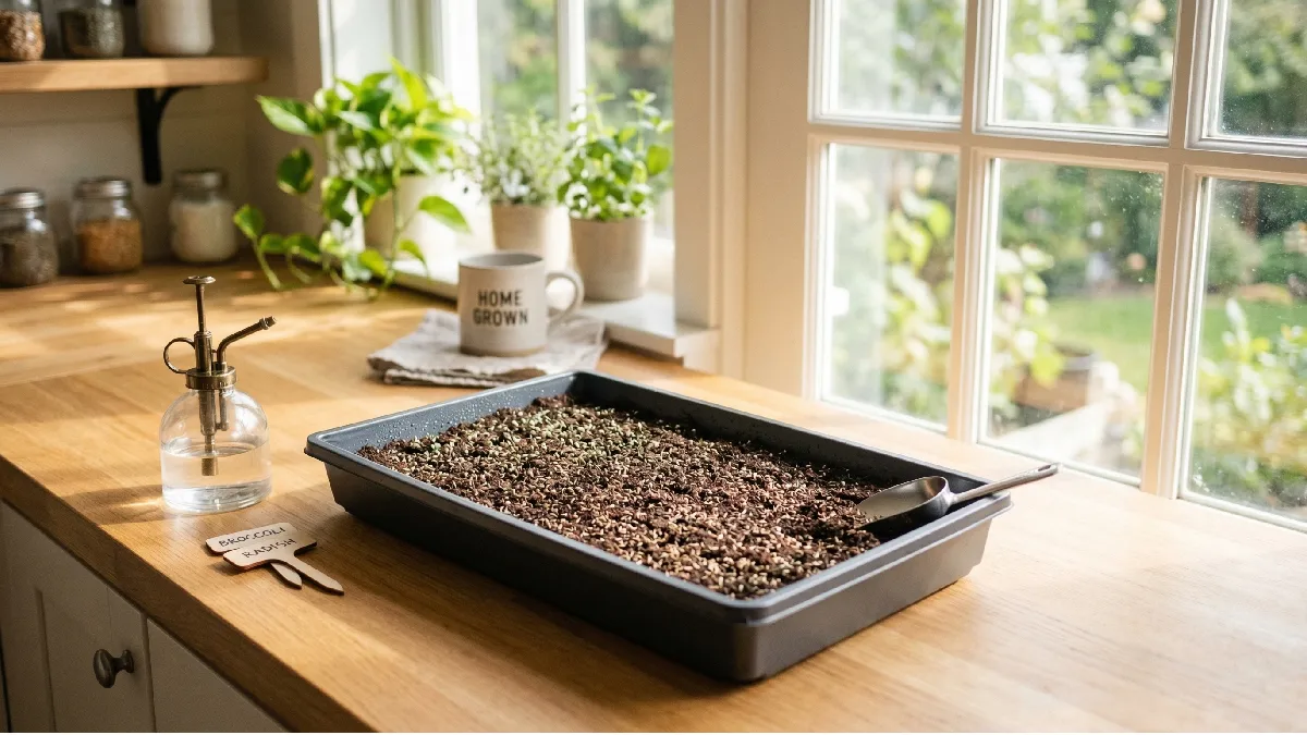 Shallow tray with evenly spread soil medium and tiny seeds, on a sunny indoor countertop, ready for microgreens growth.