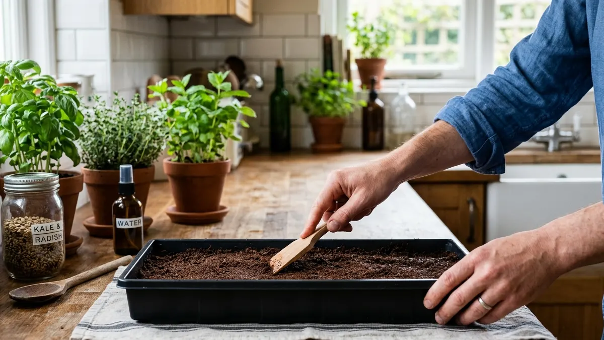 Preparing a shallow tray with soil or coco coir for microgreens growing indoors, medium spread evenly before sowing seeds. 