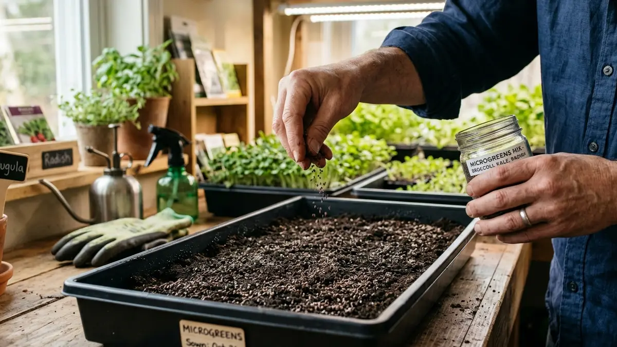 Evenly scattering microgreens seeds across prepared soil tray, ensuring proper spacing for healthy sprouting and balanced indoor growth. 