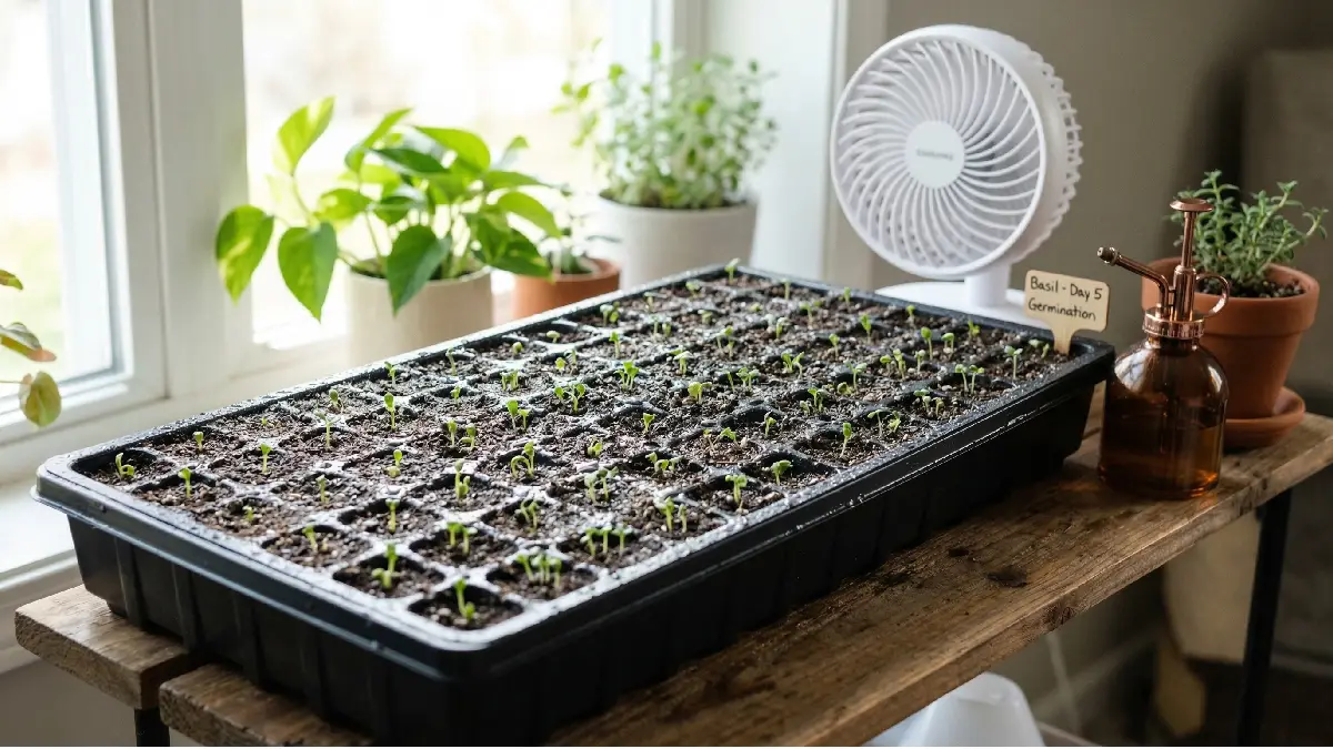 Seeds sprouting in a tray, misted lightly, tiny green tips appearing, indoor windowsill microgreens setup.