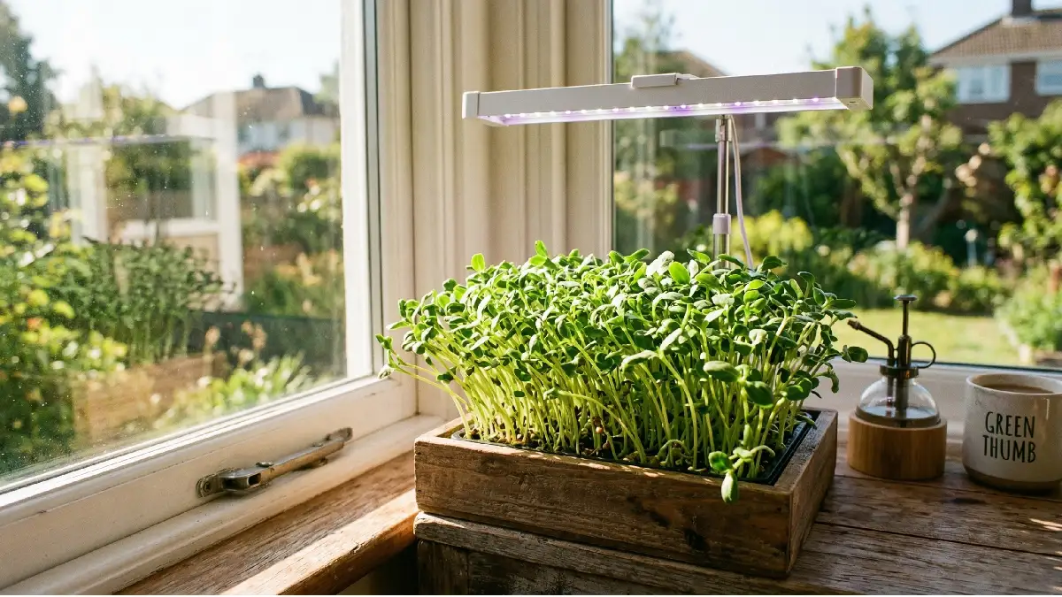 Microgreens sprouts reaching toward sunlight on a windowsill, bright green leaves, indoor gardening setup.