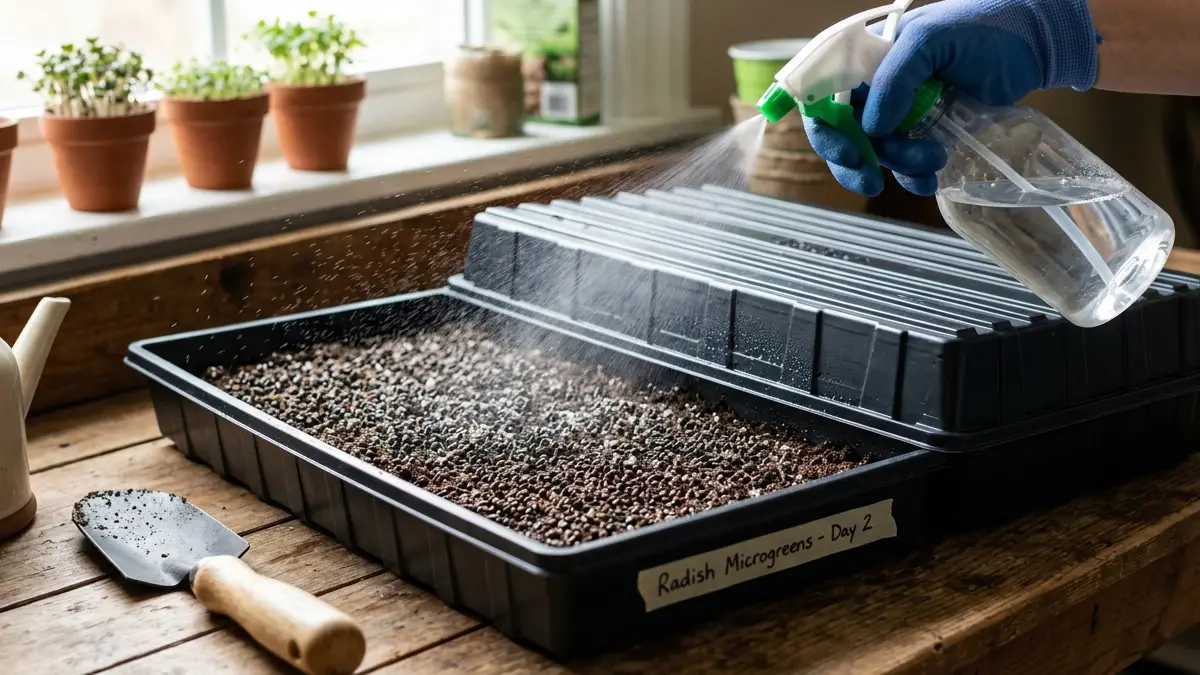 Misting microgreens seeds with spray bottle and covering tray to maintain humidity and darkness for proper germination indoors.