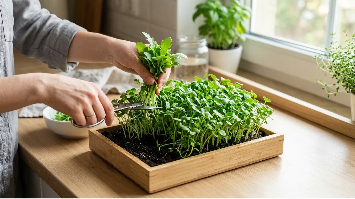 Hands harvesting vibrant microgreens above soil in indoor tray, leaves crisp, stems tender, fresh greens ready.