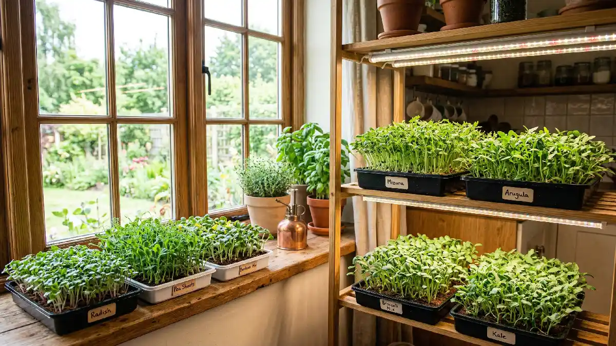 Microgreens seedlings placed under LED grow lights or near sunlight window to support healthy green growth and strong stems.