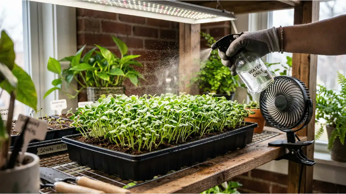 Daily care of indoor microgreens including gentle watering, airflow management, and monitoring growth to keep shoots healthy and mold free.