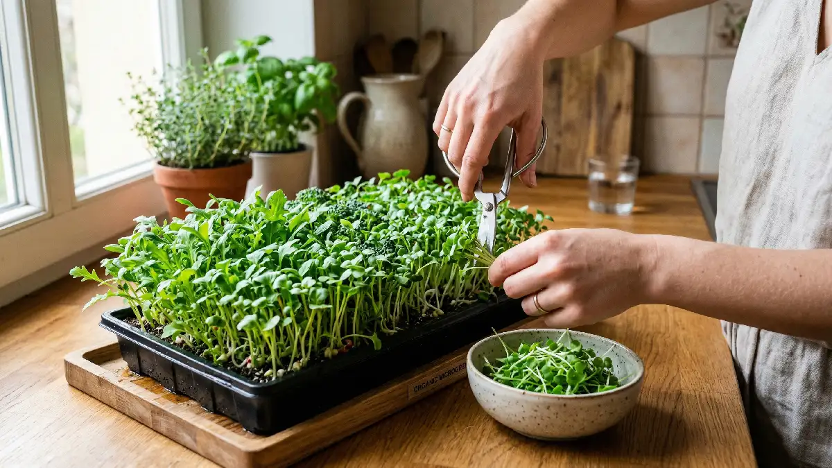 Harvesting fresh microgreens using scissors by cutting above soil line, bright green shoots ready for salads and healthy meals.