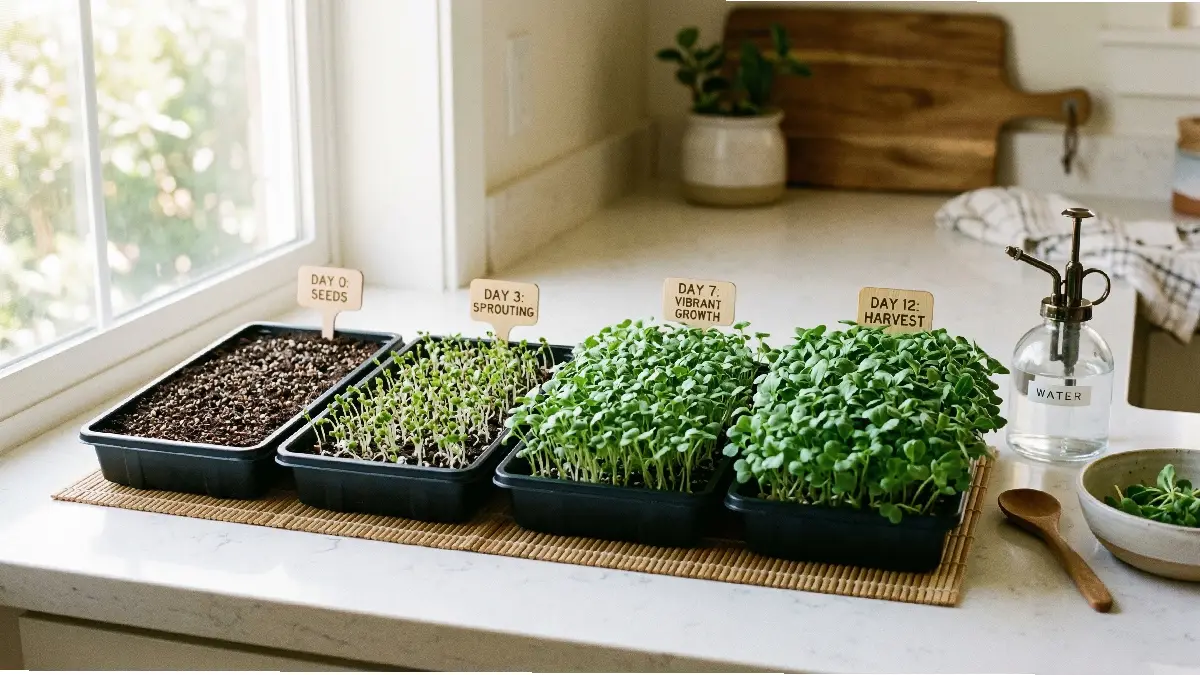 Microgreens growing indoors on a windowsill tray with seeds sprouting, misting bottle nearby, clean and compact home gardening setup.