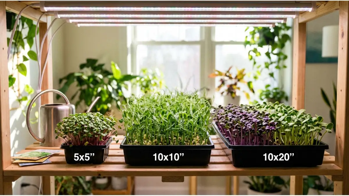comparison of 5x5 1010 and 1020 microgreens tray sizes