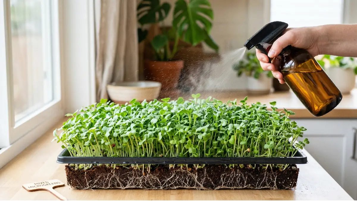 Microgreens tray indoors being gently misted, green leaves upright, roots healthy in damp medium, showing proper watering and care.