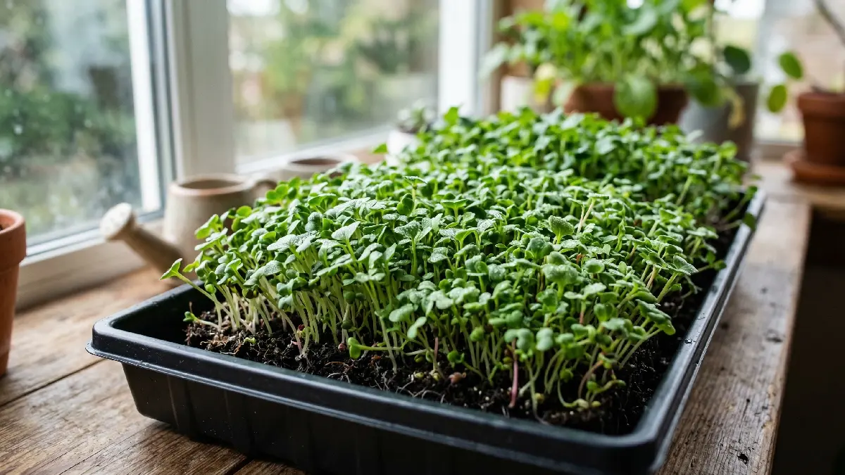 Close-up of fresh green microgreens growing densely in a shallow tray indoors, tiny leaves and stems under soft natural light.