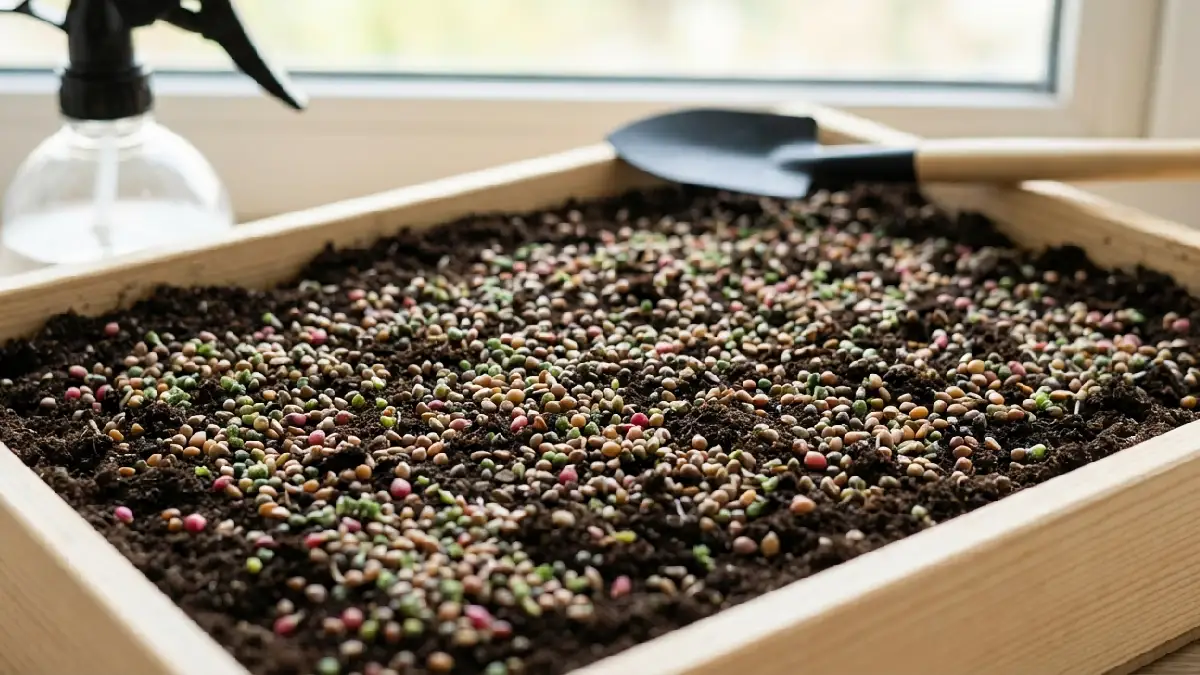 microgreens seeds planted evenly inside a growing tray before germination