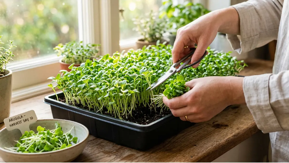 Hands harvesting vibrant microgreens in an indoor tray, leaves crisp, stems tender, roots hidden, fresh greens ready.