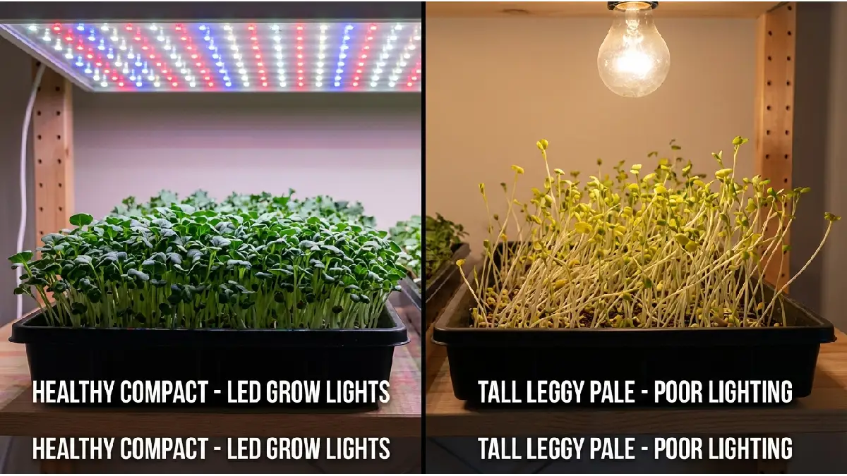 healthy vs leggy microgreens lighting comparison