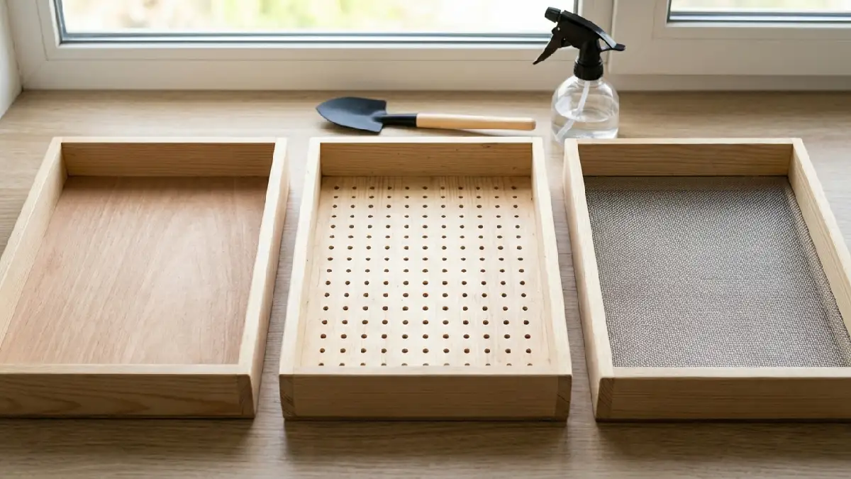 comparison of solid bottom perforated and mesh microgreens growing trays