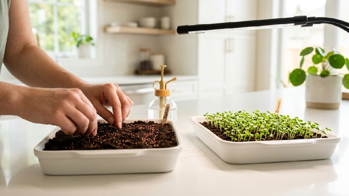 Tiny but powerful microgreens grow fast in soil or cocopeat. Spread seeds evenly, mist lightly, check daily, harvest fast, meals lift instantly, home feels alive. 