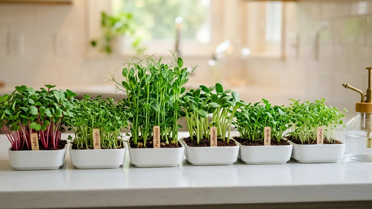Radish, broccoli, pea shoots, sunflower, arugula and mustard are perfect for beginners. Mist lightly, peek daily, tiny effort, big reward, flavor hits sharp, home feels alive. 