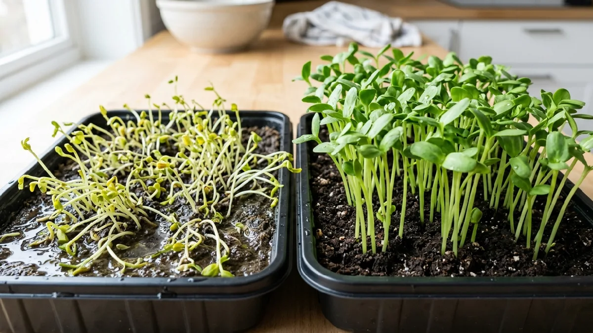 Avoid overwatering, crowded seeds, low light, dirty trays, and stale air. Mist lightly, check daily, tiny tweaks save trays, microgreens bounce back if carefully handled.