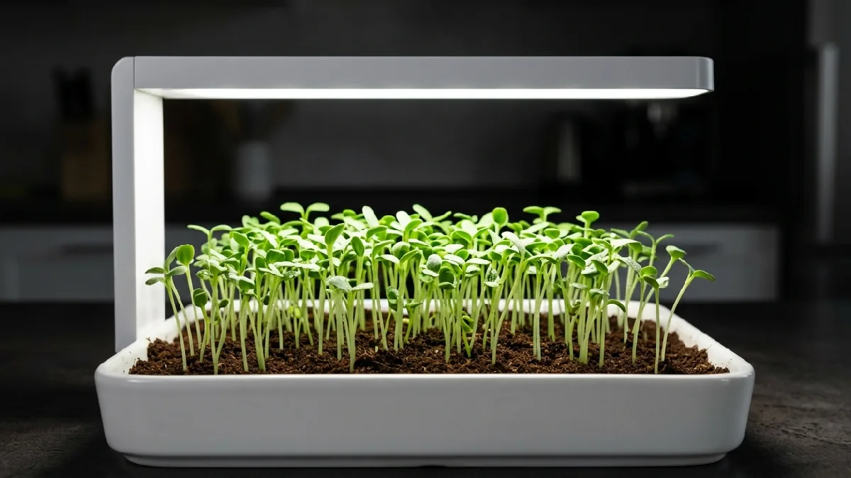 Light too weak, shoots stretch, leaves turn pale, stems flop, and energy drops. Use LED, rotate trays, every shoot sees light, microgreens react fast.