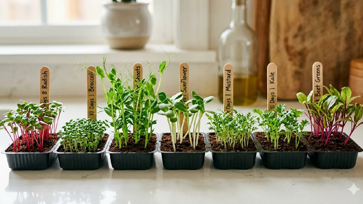 Radish grows in 3 to 5 days, mustard 5 to 7, broccoli 7 to 10, sunflower 7 to 10, beet greens 9 to 12 days easily. 