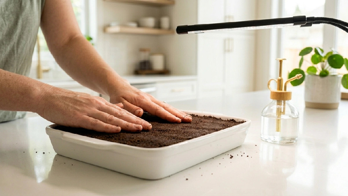 Take a clean shallow tray, add cocopeat, spread evenly, press lightly, not too firm. Place near light, mist gently, small step, everything begins here. 