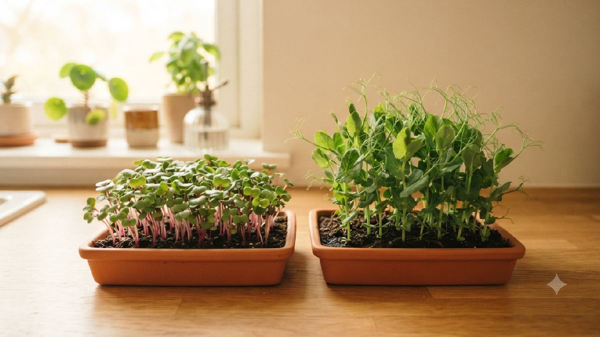 Two trays of radish and pea shoot microgreens growing side by side
