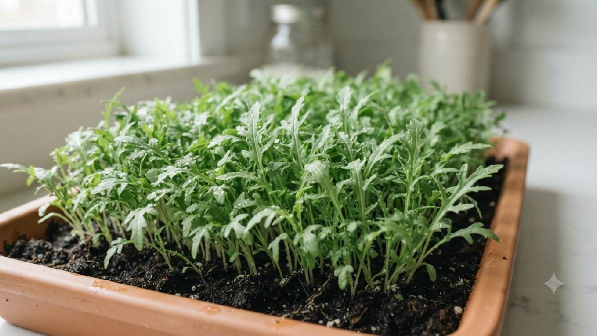 Arugula microgreens growing in a shallow tray