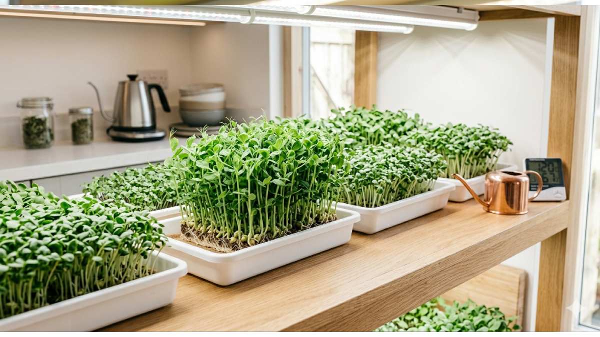 Healthy hydroponic microgreens growing in a clean indoor setup